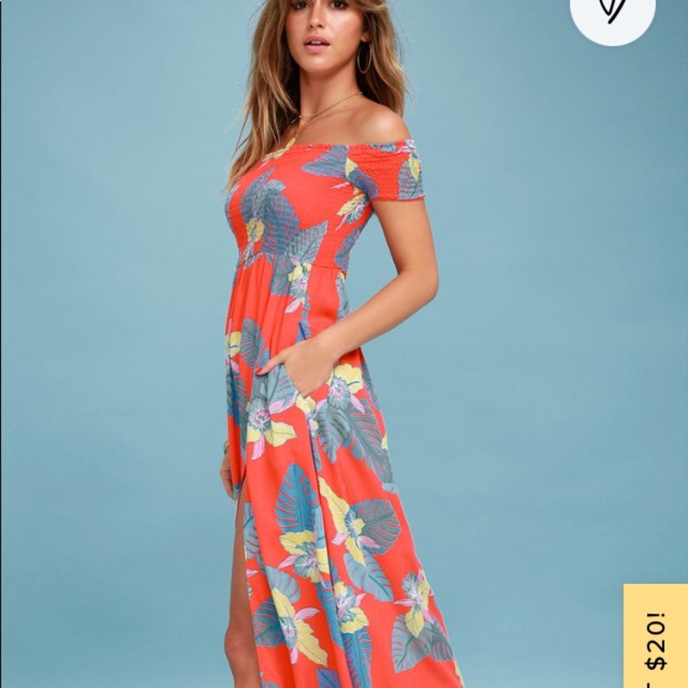 Pasty Coral Red Floral Print Off-the-Shoulder